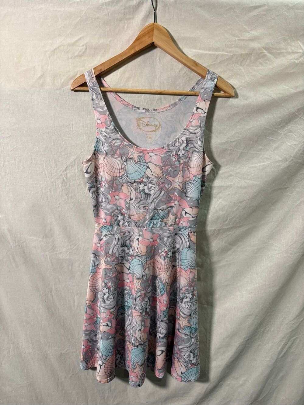 VTG Disney Princess Ariel Skater Dress S Pink Mermaid Shell Print Sleeveless